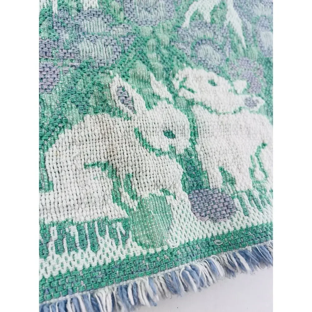 Bunnies Tulips Tapestry Folk Art Table Runner Easter Woven Spring Purple Green P